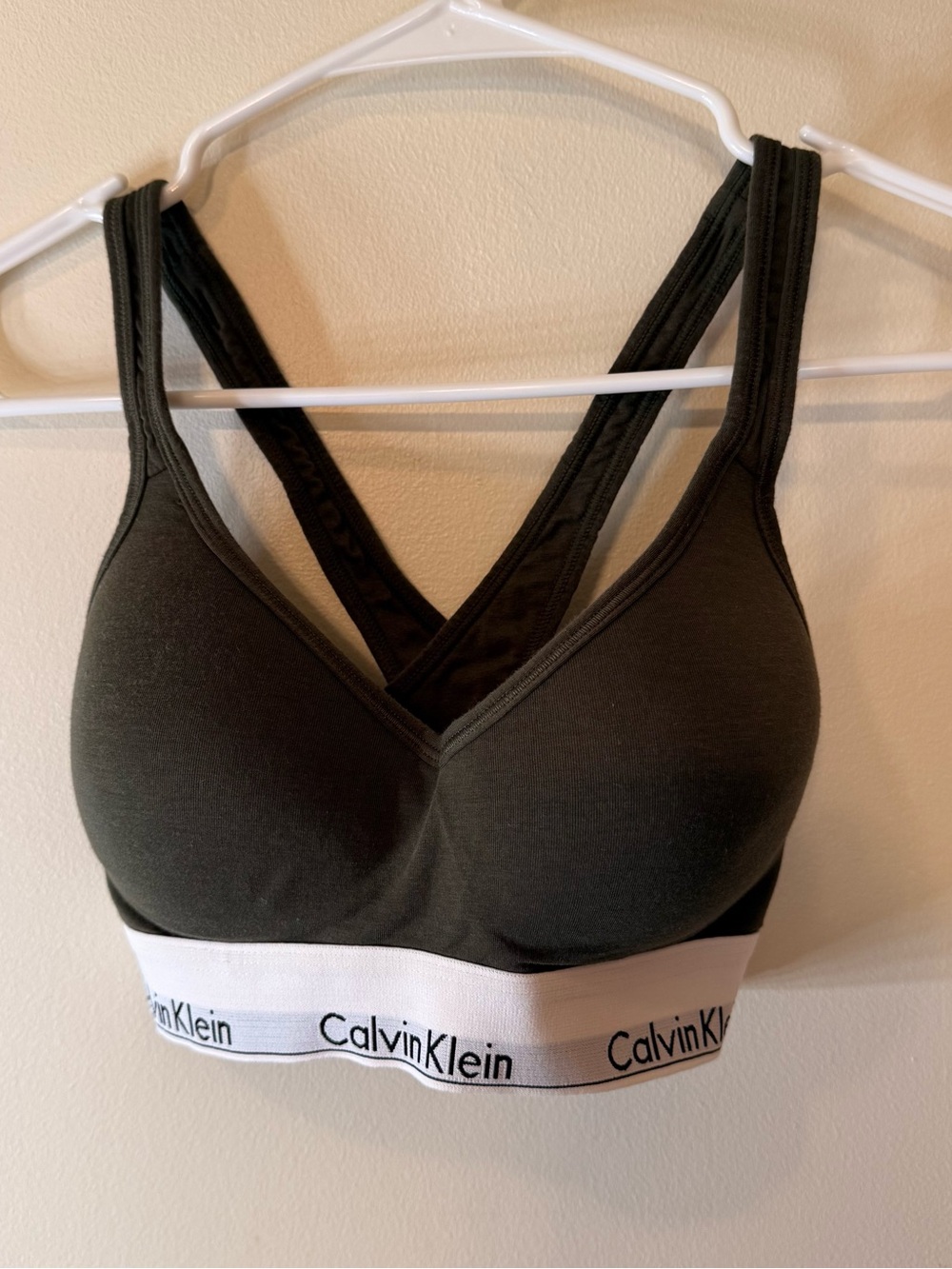 Calvin Klein Olive Green Wireless Bralette with White Logo Band